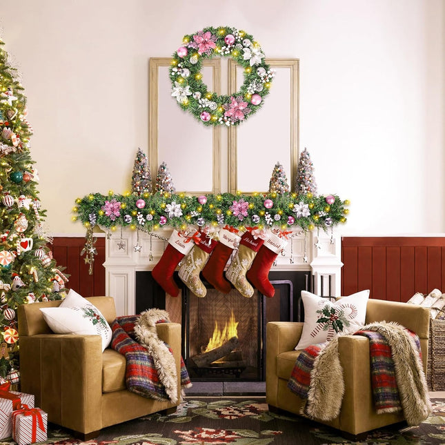 Christmas Garland with LED Lights, 6FT Mentle Garland with Pink Flower and Pine Cones for Christmas Decorations and Holiday Mantle Decor
