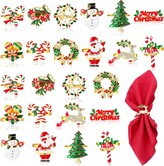 Yaomiao 24 Pcs Christmas Napkin Rings Include Christmas Tree, Christmas Crutch, Santa Claus, Christmas Wreath, Candy Canes and Other Elements for Holiday Party Dinner Table Setting Decoration