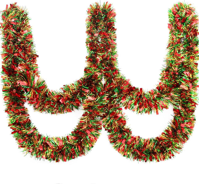 39.4Feet Christmas Tinsel Garland for Christmas Tree Decorations Xmas Red Green Gold Metallic Tinsel Garland Hanging Decorations for Staircase Railing Banister DIY Wreath Indoor Outdoor Ornament