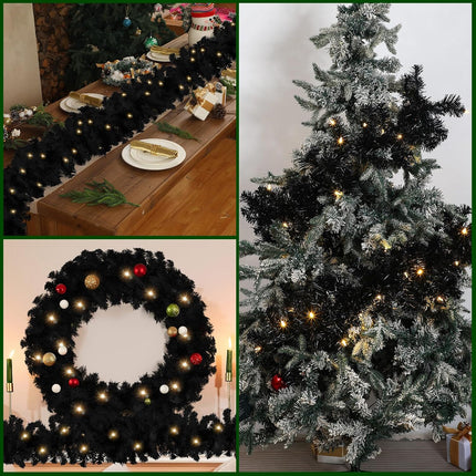 Hotop 9 ft Faux Spruce Artificial Christmas Garland LED Garland Warm Pine Prelit Battery Operated Lighted Garland for Seasonal Indoor Home Fireplace Mantle Tree Stair Decor (2 Pcs,Black)