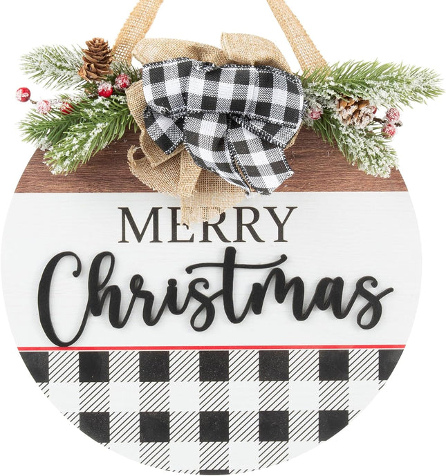 Christmas Wreath Buffalo Plaid Wooden Sign Wall Wwag Decor for Front Door Porch Reef Farmhouse Indoor Outdoor Window Xmas Decorations Clearance (White)