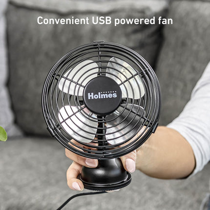 Holmes 4 Mini Heritage Desk Fan, UsbPowered, Single Speed, 4 Blades, Adjustable 100° Head Tilt, Metal Construction, Ideal