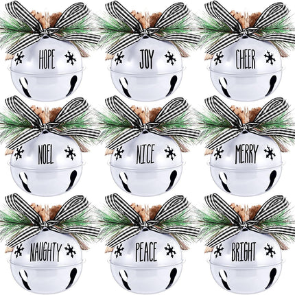 Aoriher 9 Pcs Christmas Bells Ornament 3.1" Rustic Christmas Jingle Bell Sleigh Letter Bells with Pine Cones Plaid Bow for Decoration DIY Holiday Door Window Tree Wreath Garland Party Supplies(White)