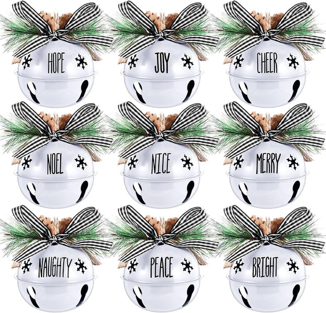 Aoriher 9 Pcs Christmas Bells Ornament 3.1" Rustic Christmas Jingle Bell Sleigh Letter Bells with Pine Cones Plaid Bow for Decoration DIY Holiday Door Window Tree Wreath Garland Party Supplies(White)
