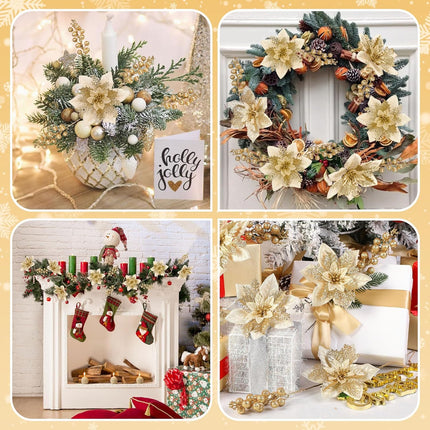 24 Pcs Christmas Tree Decorations Picks, Boxed 12Pcs Poinsettias Artificial Christmas Flowers with Clips and Stems+12pcs Holly Berry Stems for Xmas Tree Decor or Party Wreath Fireplace Stairs, Gold