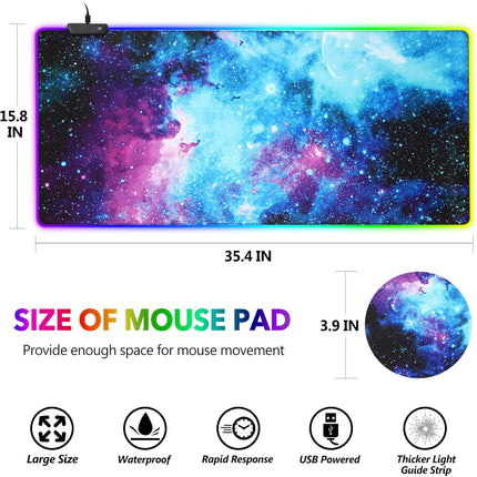 AIMSA RGB Gaming Mouse Pad Extended, Large Led Mousepads Non-Slip Rubber Base with 14 Lighting Modes, Computer Keyboard Mat Soft Desk pad Waterproof 35.4 x 15.8 inches, Galaxy Nebula Universe