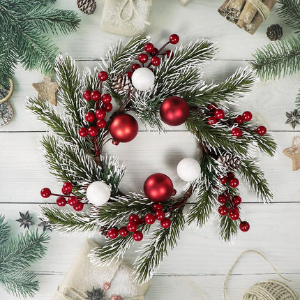 14" Artificial Christmas Mini Wreath Mixed Frosted White Pine Red Berry Xmas Balls Pinecones Accent Candle Rings Wreaths for Winter Fireplace Mantels Home Holiday Centerpiece Table Decorations (Ball)