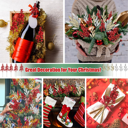 XunYee 40 Pcs 14" Xmas Artificial Glitter Leave Picks 20 Pcs 7.9" Artificial Red Berry Stems Fake Glitter Leaf Spray Faux Red Berry Picks Silver and Gold Floral Accents Christmas Glitter Berries Stems