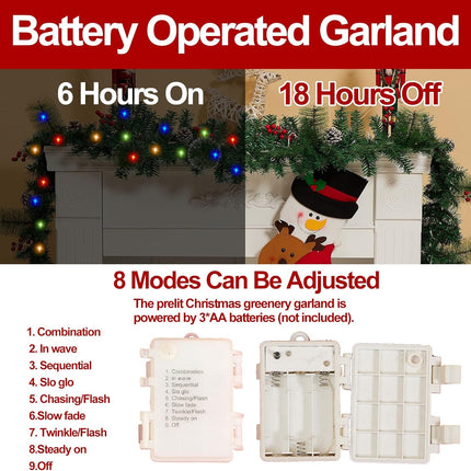9 ft Pre-lit Lighted Christmas Garland Decoration with Timer, Battery Operated Waterproof Artificial Xmas Garlands with 50 Coloured Lights, Green Pine Branches, for Indoor/Outdoor/Fireplace Decor