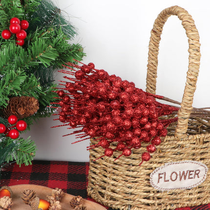 YIYA 6 Pack Red Artificial Glitter Berry Stems Fake Christmas Picks Decorative Plastic Berries for Christmas Tree Decor DIY Crafts Decoration Holiday Home Decor（11"）