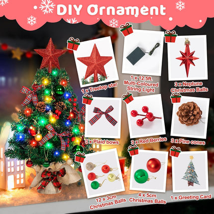 24In Tabletop Christmas Tree, Mini Christmas Tree with 35 LED Lights DIY Ornaments Star Treetopper, Small Xmas Artificial Tree for Holiday Indoor Christmas Decoration (Classic Red)