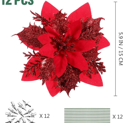 NUOBESTY 12Pcs Christmas Glitter Poinsettia Artificial Flowers, Christmas Wreath Christmas Tree Flowers Ornaments with Clips and Stems for Xmas Wedding Party Wreath (Red)