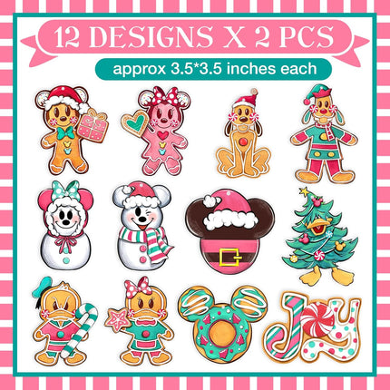 24 Pcs Cartoon Mouse Christmas Tree Ornaments, Gingerbread Man Dog Duck Snowman Wooden Xmas Tree Hanging Decorations Set, Funny Joy Home Decor Winter Holiday Party Supplies with Jute Rope