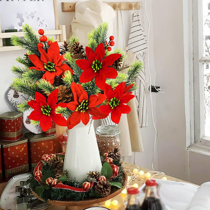 Uieke 4 PCS Artificial Christmas Picks Pine Branches with Red Berry Stems, 13.6'' Poinsettia Christmas Tree Picks Faux Evergreen Sprigs for Home DIY Wreath Craft Winter Festive Decor