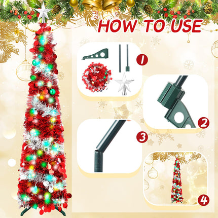 2 Pcs 5 ft Prelit Slim Christmas Tree Decor Pop Up Pencil Christmas Tree with String Lights Artificial Sequin Collapsible Christmas Tree with Star Topper for Xmas Holiday Outdoor Decorations