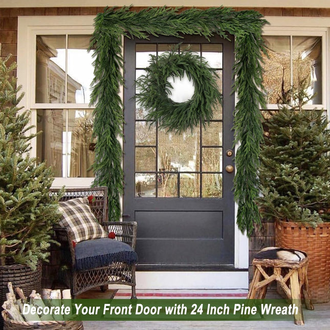 Artgar 24 Inch Christmas Wreath Pine Wreath Christmas Wreaths for Front Door, Real Touch Pine Wreath Artificial Green Pine Wreath for Home Indoor Outdoor Wall Window Porch Farmhouse Winter Decor