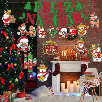 Glittery Feliz Navidad Banner Mexican Christmas Decorations Includes 1 Feliz Navidad Backdrop and 8 Hanging Swirls, Feliz Navidad Decorations for Home Office Fireplace Mantle