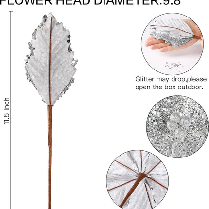 Sggvecsy 10 Pcs Christmas Glitter Flowers 9.8inch Christmas Tree Ornaments Shining Artificial Poinsettia Stems Floral Picks for Xmas Holiday Wedding Wreath Party Floral Decorations(Silver)
