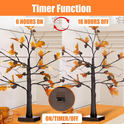 Fall Lighted Maple Tree, 24” Battery Operated Artificial Fall Foliage Tree Lights with 24 Warm White LED Timer for Thanksgiving Autumn Harvest Home Tabletop Indoor Decorations