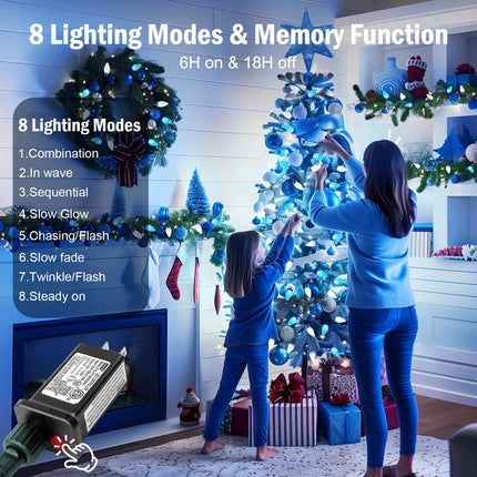 C9 LED Christmas String Lights - 82ft 100 LED Outdoor String Lights with Timer and 8 Lighting Modes, Plug in Extendable Roofline Lights String for Outside Yard Porch Christmas Holiday Decoration