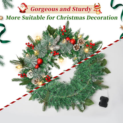 24in Christmas Wreath with Lights, Pine Cone Wreath Lighted Christmas Wreaths Winter Wreath with Pine Cones, Berries Ball Ornaments and Pine Branch for Door Window Mantle Christmas Decoration Wreaths