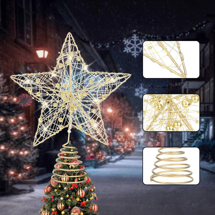 Christmas Tree Topper, 3D Star Tree Topper Christmas Tree Topper Lighted, Prolong Wire Gold Metal Designed Built-in 10 Bulbs String Lights for Christmas Holiday Tree Decoration Indoor Home Decor
