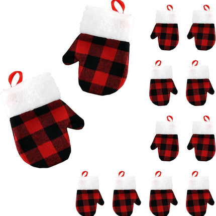 Iconikal Buffalo Plaid Mini Mitten Christmas Stockings 24 Pack, Festive Holiday Decor for Tree, Wreath, Mantle - Seasonal Xmas Stocking Ornaments
