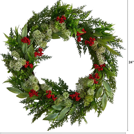Nearly Natural 24in. Cedar, Eucalyptus and Berries Artificial Christmas Wreath