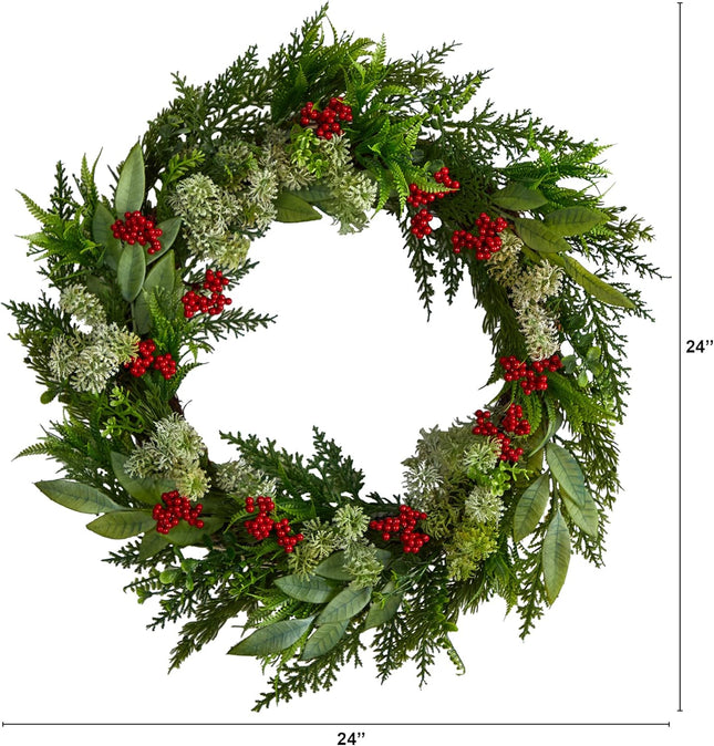 Nearly Natural 24in. Cedar, Eucalyptus and Berries Artificial Christmas Wreath