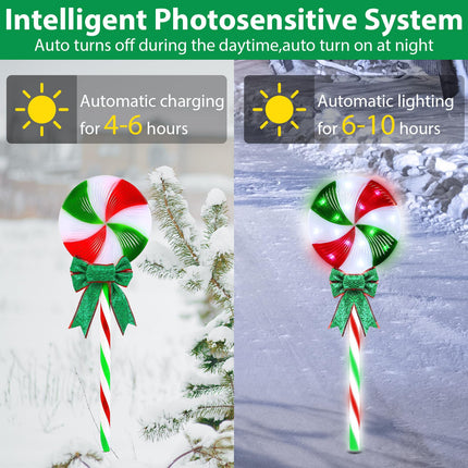 4LED Solar Christmas Pathway Lights Solar Powered Lollipop Garden Lights Decorations Christmas Peppermint Waterproof Outdoor Light Red and Green for Yard Deck Lawn Patio Walkway Courtyard(1Pack)