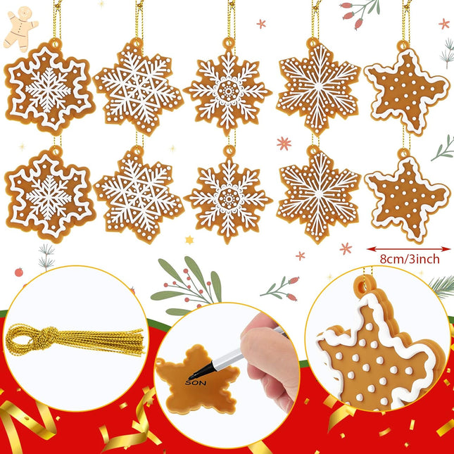 20 Pcs Christmas Gingerbread Snowflake Ornaments Mini Tree Hanging Decorations Silicone Christmas Ornaments Xmas Gingerbread Ornaments with Ropes for Christmas Tree Winter Crafts