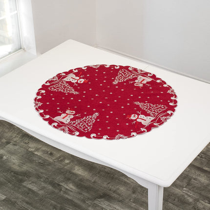 Beautifully Elegant Silver Star Topped Trees and Snowman on Red Linen Doily, Table Topper, Small Tablecloth, Table Centerpiece (34 Inch Round)