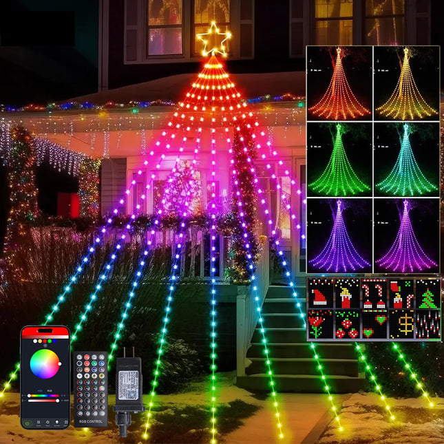 16.4FT Christmas Tree Decoration - 315 LEDs Customizable Star Waterfall Tree Lights with Remote, Timer, App Control Christmas Tree Lights with Music Sync for Xmas Yard Garden Party