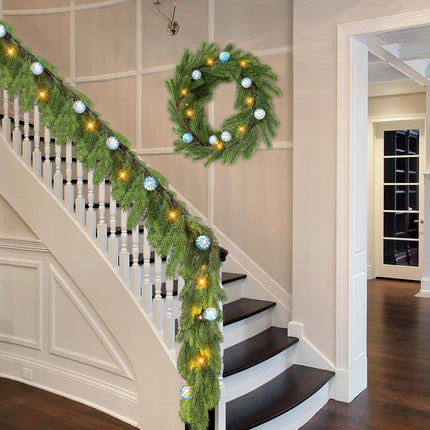 Ceenna 6.2FT Pre Lit Christmas Cedar Garland with Lights Artificial Pine Garland Christmas Decorations with Ball Ornaments,8 Modes Timer Battery Operated for Outdoor Indoor(Light Blue)
