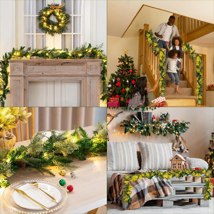 9 FT Artificial Christmas Garland Pre-Lit with 50 LED Lights, Battery Operated with Timer, Greenery Garland Decorated with Pinecones, Needle for Mantle Stairs, Indoor Outdoor Christmas Decorations