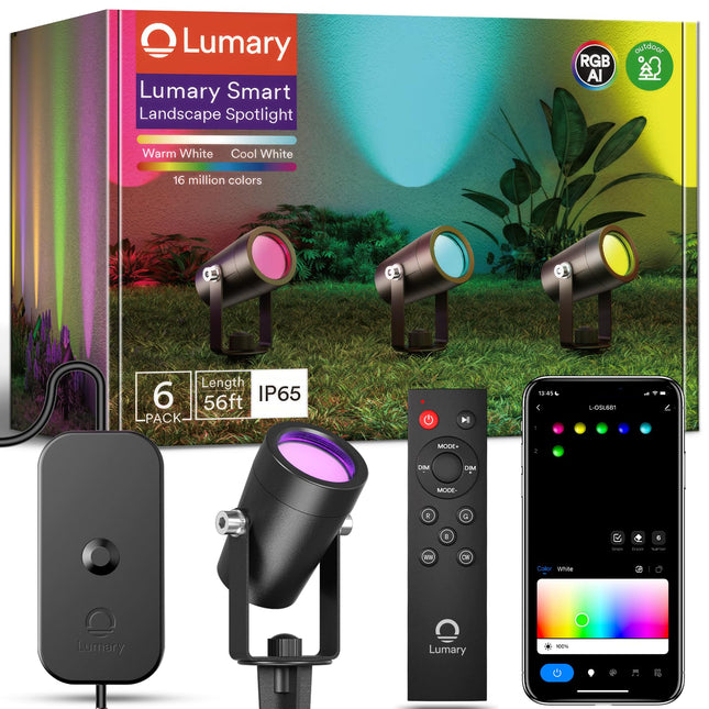 Lumary 56FT Smart Outdoor Spot Lights Gen2, 6 Pack RGBAIWW Color Changing Landscape Lights Low Voltage, Christmas Outdoor Lights for Yard, Festival, Work with Alexa & Google Assistant