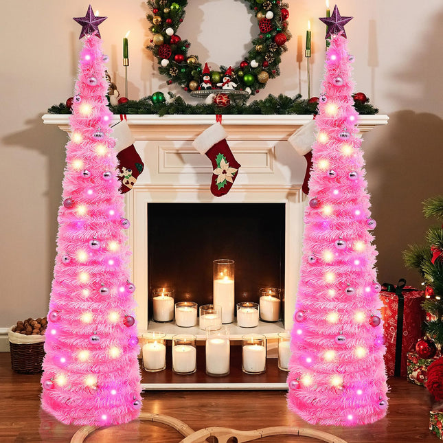 Hiboom 2 Pcs Collapsible Pop up Christmas Tinsel Tree with Light Hanging Ornament 5 ft Artificial Pencil Christmas Tree Decoration Star Pop Tree Artificial Xmas Tree for Decoration(Pink)