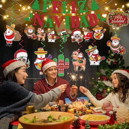 Glittery Feliz Navidad Banner Mexican Christmas Decorations Includes 1 Feliz Navidad Backdrop and 8 Hanging Swirls, Feliz Navidad Decorations for Home Office Fireplace Mantle