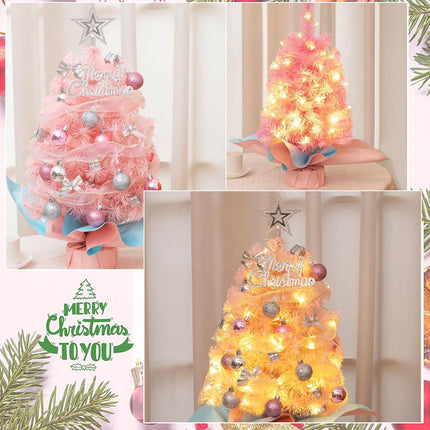 Small Mini Pink Christmas Tree with Light, 24 Inch/2Ft Tabletop Miniature Christmas Tree with Hanging Ornaments, Battery Operated Artificial Xmas Tree for Desk Christmas Home Party Decor