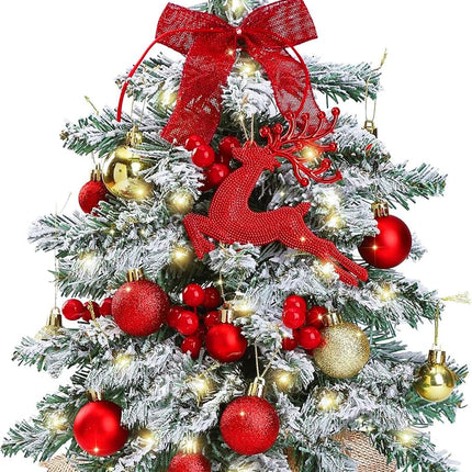 Sggvecsy 23.6’’ Mini Snow Frosted Christmas Tree Table Top Lighted Artificial Xmas Tree Star Treetop Glitter Balls Red Deer Red Bows Red Berries Hanging Ornaments DIY Holiday Indoor Decorations