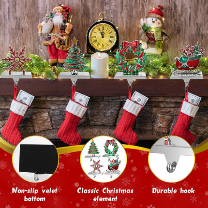 Zhengmy 4 Pcs Christmas Stocking Holders for Mantel Reindeer Snowflake Snowman Pine Xmas Tree Stocking Hangers Metal Stocking Mantel Holders Christmas Decoration for Xmas Fireplace (Wreath)