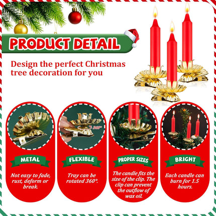 Tessco 40 Pcs Christmas Metal Candle Holder with Clip Set 20 Candle Holders for Christmas Tree Flower Shape Christmas Candle Clip Set with 20 Christmas Candles for Birthday Christmas(Gold Red)