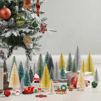 Fangoo 46pcs Mini Christmas Bottle Brush Trees with Christmas Figurines Ornaments Artificial Miniature Tree Wooden Base for Decorating Christmas Parties and Winter Craft