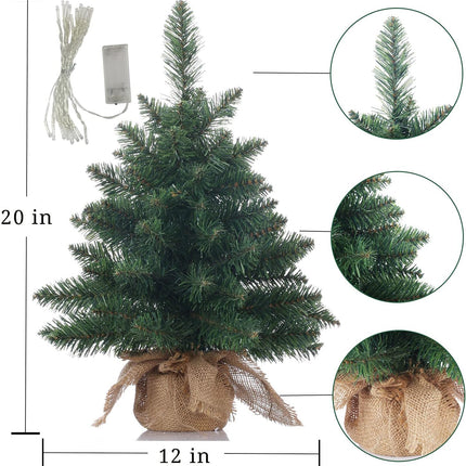 Pre-Lit Artificial Mini Christmas Tree,20 inch Miniature Pine Xmas Tree with 20 LED Lights,70 Branch Tips,Desktop Christmas Tree Burlap Base-(50cm)