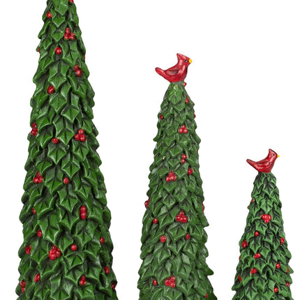 Set of 3 Sculpted Resin Holly Christmas Trees with Red Cardinals and Berries, 6, 9 and 12 Inches High
