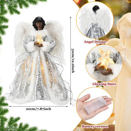 12 Inch Black Angel Christmas Tree Topper Standing African American Black Angel Figurines Treetop for Decoration(White, Cute Style)