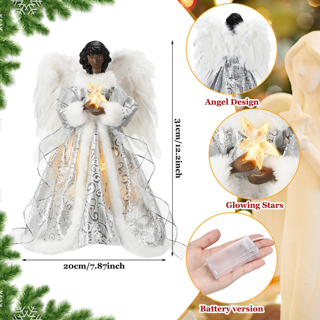 12 Inch Black Angel Christmas Tree Topper Standing African American Black Angel Figurines Treetop for Decoration(White, Cute Style)