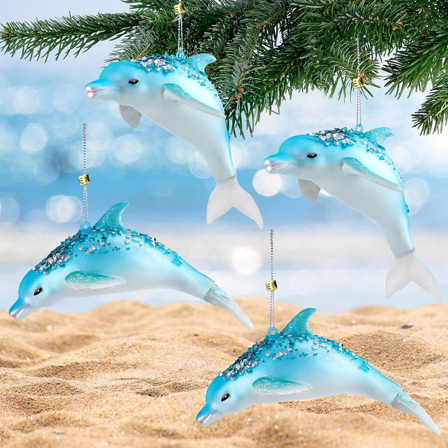 Sliner 4 Pcs Ocean Themed Christmas Tree Decorations Beach Christmas Dolphins Ornaments Glass Hand Blown Xmas Tree Dolphin Hanging Ornament Glitter Blue Dolphin Decor for Christmas Ocean Sea Party
