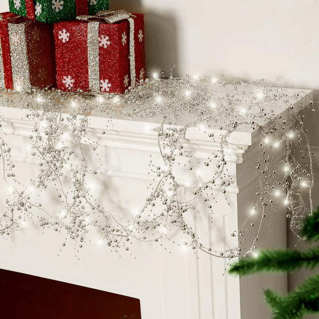 33 Feet Christmas Berry Beaded Garland String Light Mantel Garland Christmas Fireplace Decorations, Glitter Garland LED Bead Garland for Fireplace Indoor Outdoor Decor(Silver)