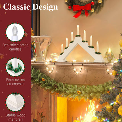 Lewondr Christmas Swedish Candelabra, Electric Candles with 7 Flameless Taper Candles, USB Powered Wooden Candle Bridge Light with Pine Needles, Decorative Xmas Candle Lights for Windows Wedding,White